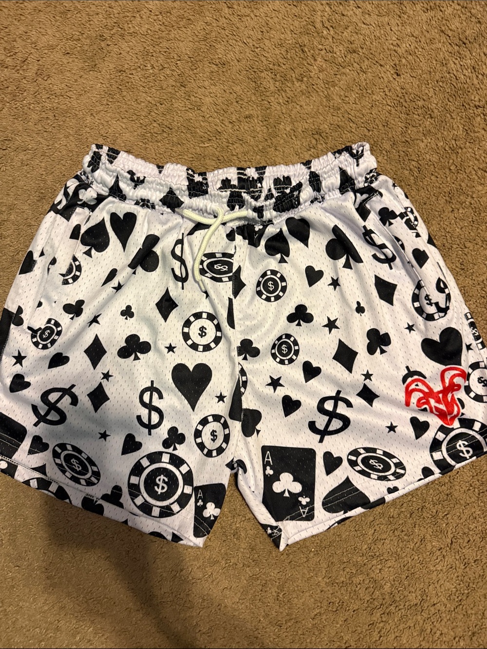 Men's White Athletic Shorts with Black Casino Card Print